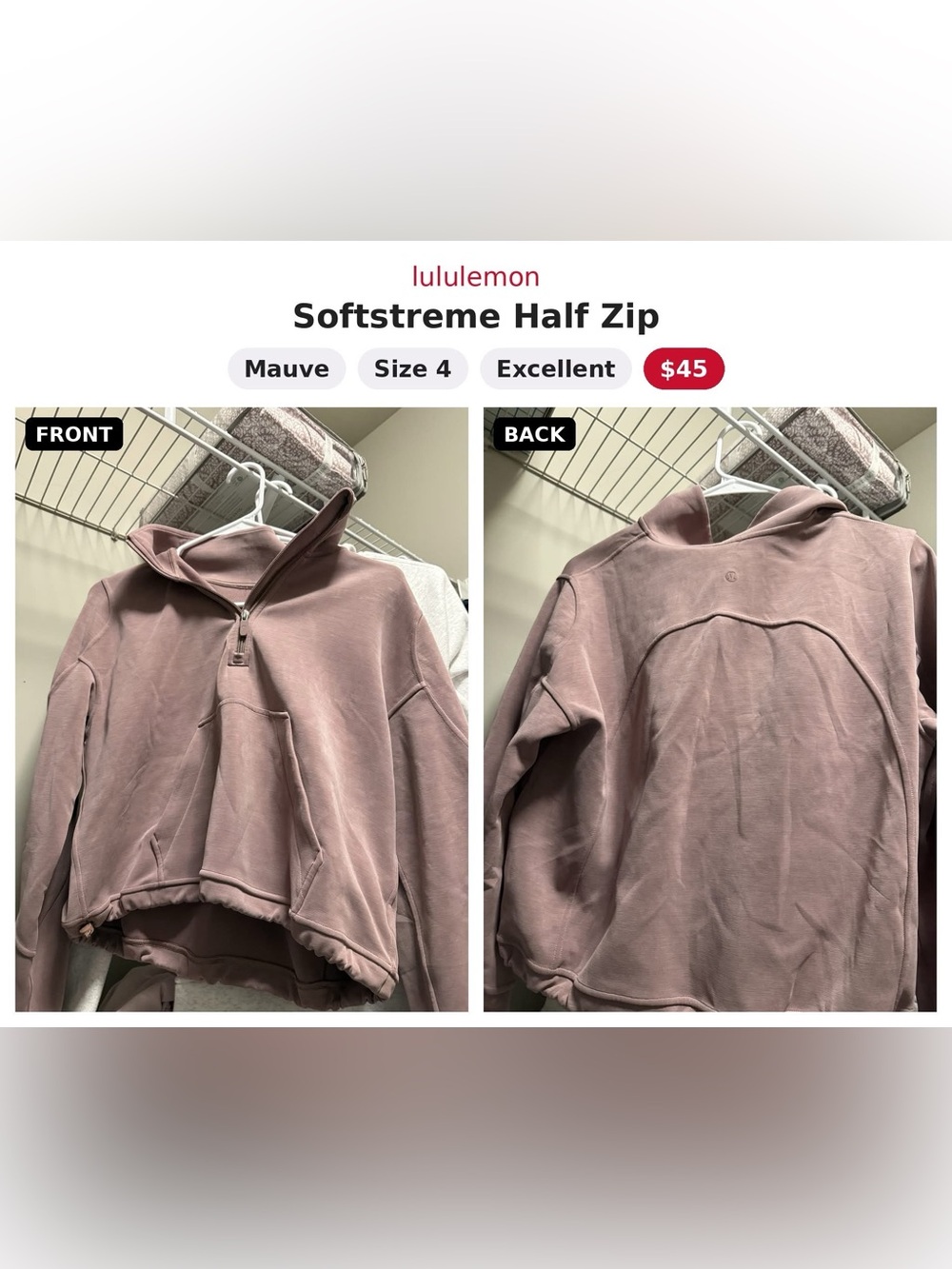 lululemon Softstreme Half Zip Pullover - Mauve